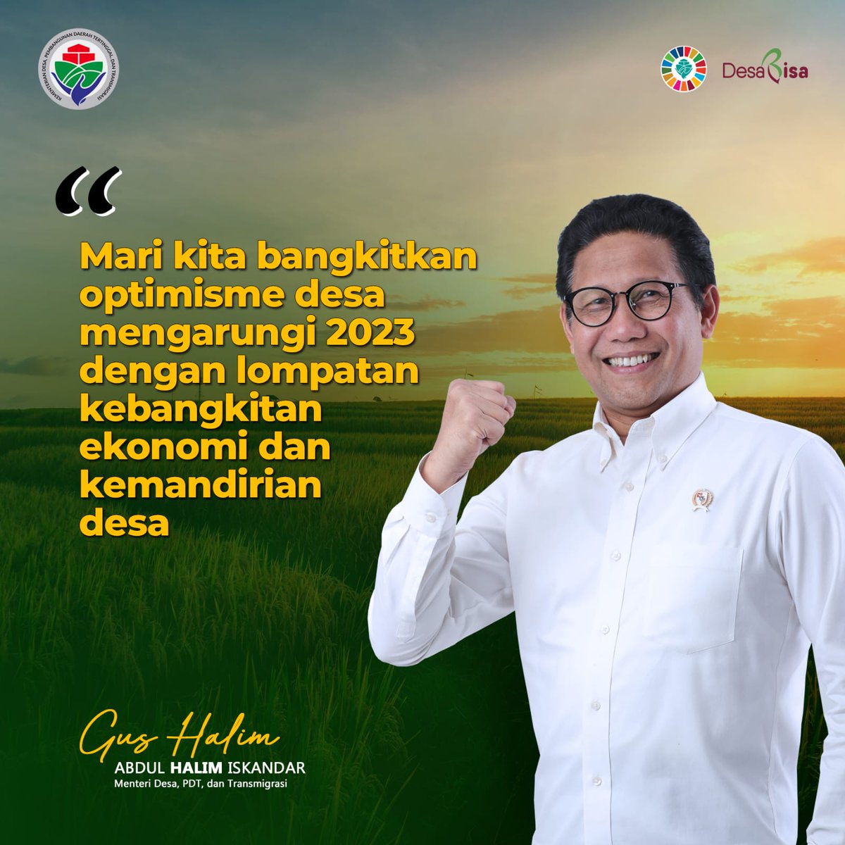 Mari kita bangkitkan optimisme Desa mengarungi 2023 dengan lompatan kebangkitan ekonomi dan kemandirian Desa
#SDGsDesa2023 
#SDGsDesa2023 
<a href="/halimiskandarnu/">ABDUL HALIM ISKANDAR</a> 
@kemendespdtt 
<a href="/tppkemendes/">TPP KEMENDES</a> 
<a href="/P3MDKalteng/">P3MD PROV KALTENG</a>
<a href="/P3MDBarsel/">P3MD BARSEL KALTENG</a>