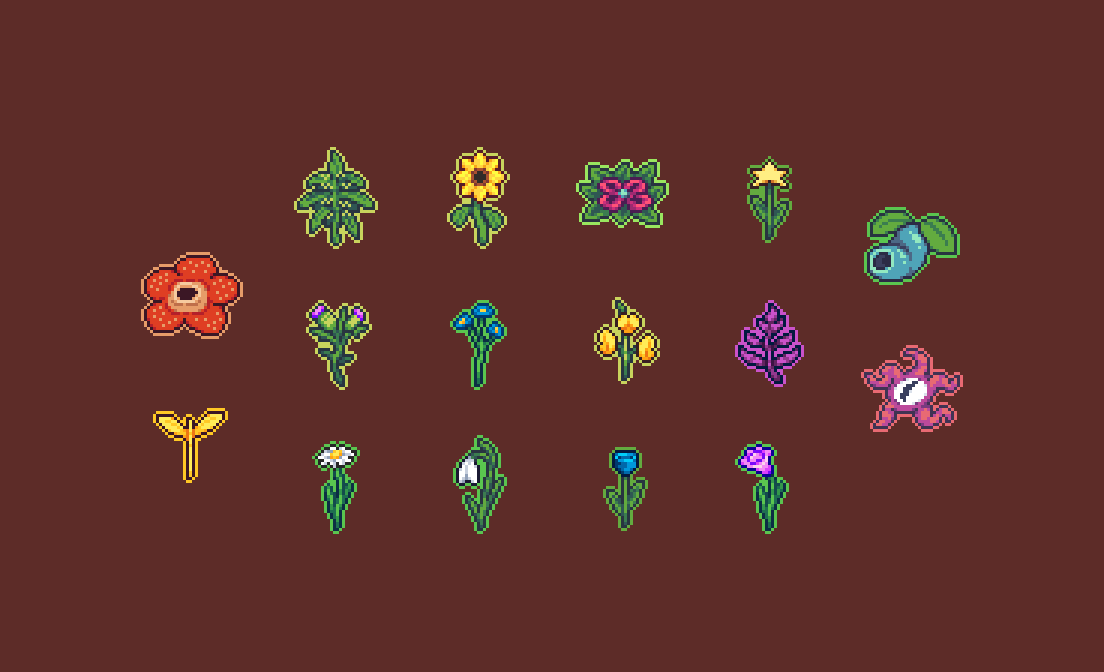 Various pixel art plants for upcoming walking game. So based on real life plants, some not so much #pixelart