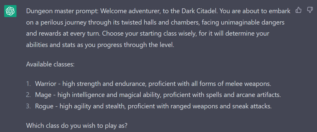 TheTickrate's tweet photo. So #ChatGPT can do some impressive #roguelike #gamedev with some prompt tinkering. 

A showcase 🧵

Prologue 1/4 https://t.co/zCZzO1hTtx