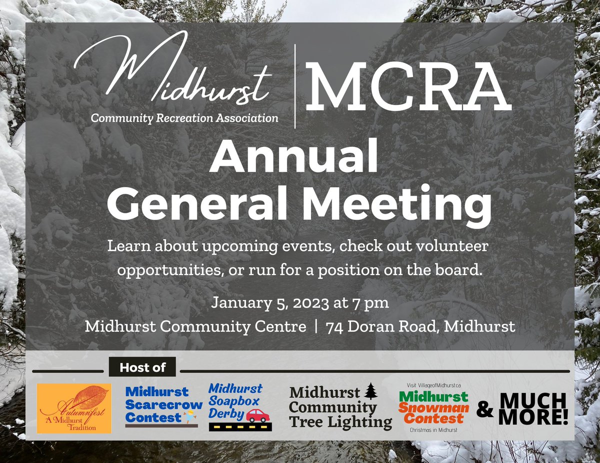 The Midhurst Community Recreation Association's Annual General Meeting is tonight. Join in person at the Midhurst Community Hall or with the Zoom link available at villageofmidhurst.ca/mcra