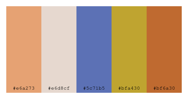 ColPaletteBot's tweet photo. Beep beep, here's a pretty color palette for you!
color-scheme.js parameters used:
- hue: 241
- variation: pastel
- colors: #e6a273, #e6d8cf, #5c71b5, #bfa430, #bf6a30
Have a lovely evening!
#twitterbot #colorpalette #colors #palette #prettycolors https://t.co/uFb1WWBK9J