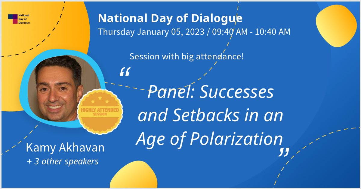 kamyakhavan's tweet photo. Gave a talk at National Day of Dialogue on Panel: Successes and Setbacks in an Age of Polarization. Thanks for the great turnout! #ndod2023 #ndod #nationaldayofdialogue #EquippedEngagedUnited - via #Whova event app https://t.co/jnKuBLL1EG