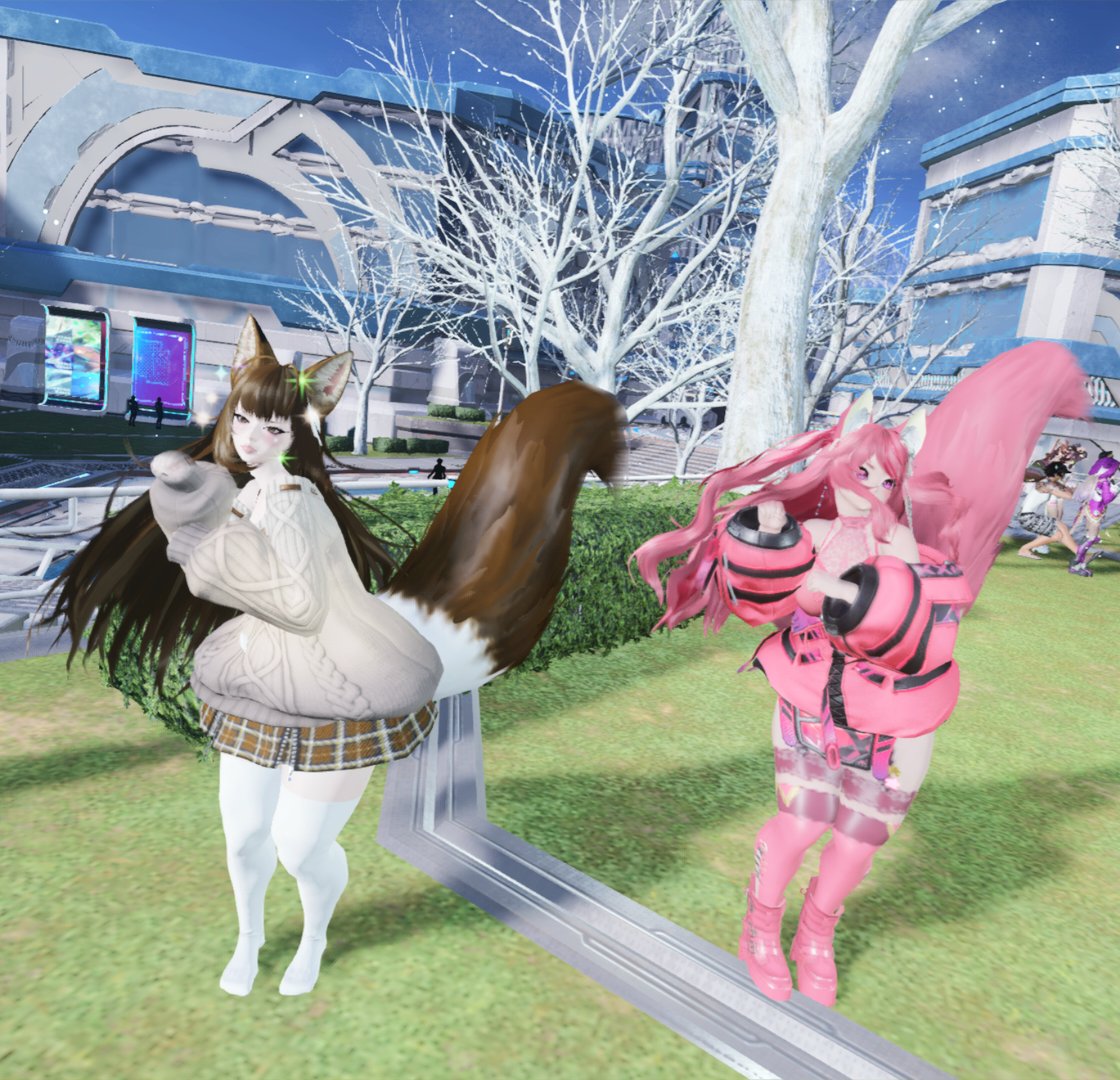 YumikoWolfBean's tweet photo. Goofing around with best girl the other day~♡ @chaosastra 
#PSO2NGS #PSO2NGS_SS #PSO2GLOBAL #kemonomimi #foxplushy #pinkyfox https://t.co/mgzqPsrJmI