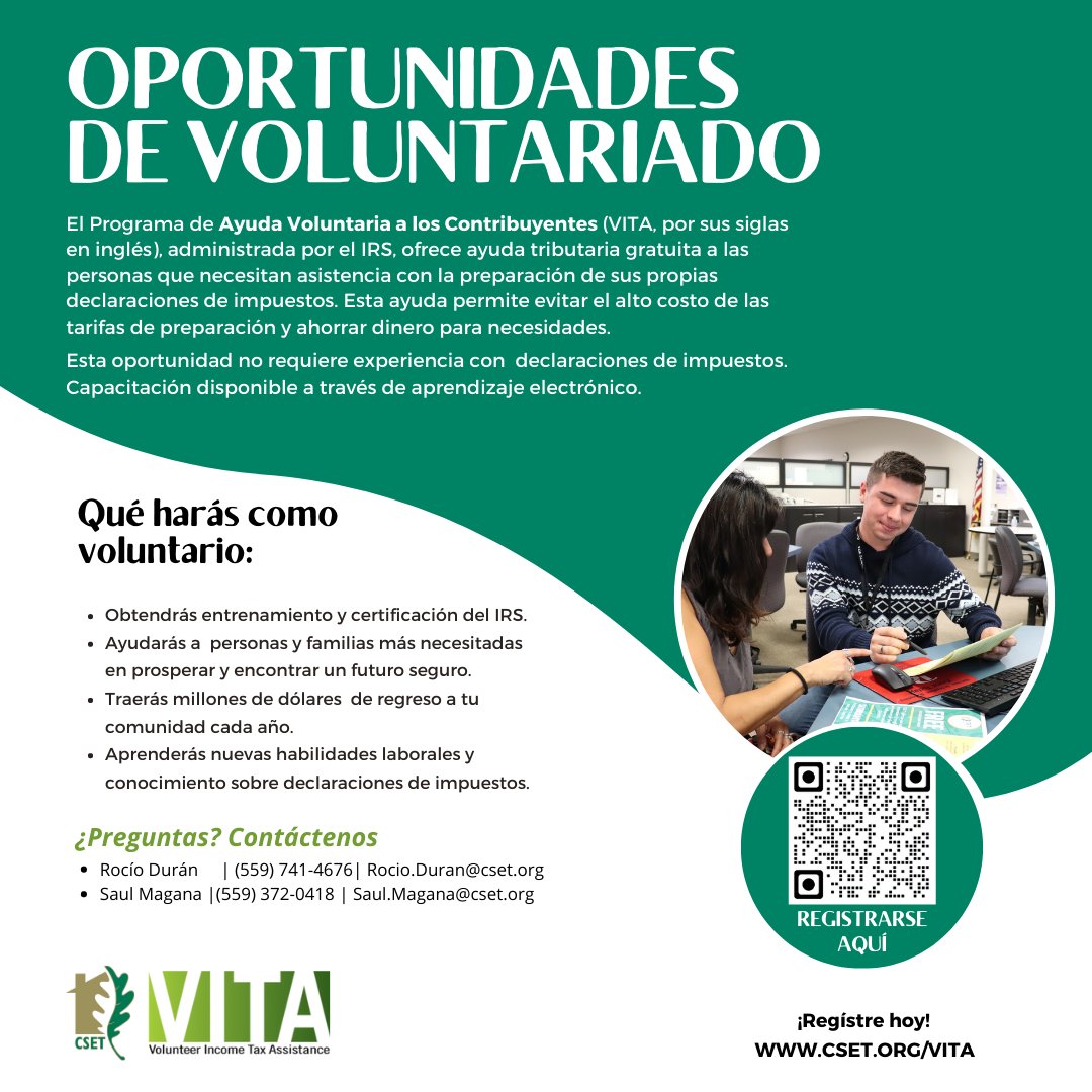 CSET's tweet image. Our team is looking for VITA (Volunteer Income Tax Assistance) Volunteers for the 2023 Tax year! Training starts this Saturday; we provide all the  materials, training, &amp;amp; testing to become IRS Certified! Visit cset.org/vita for how to apply!
#taxprep #cset #vitataxprep
