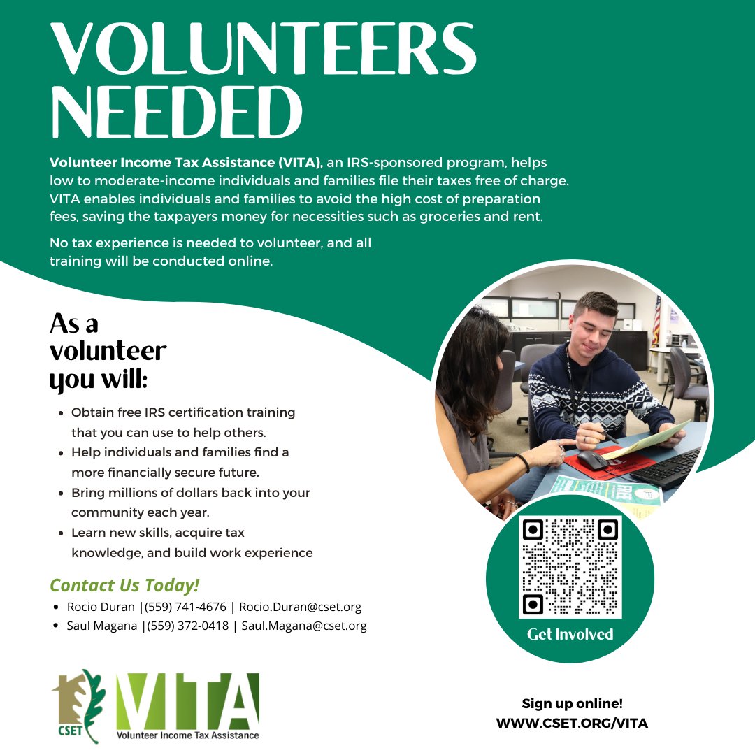 CSET's tweet image. Our team is looking for VITA (Volunteer Income Tax Assistance) Volunteers for the 2023 Tax year! Training starts this Saturday; we provide all the  materials, training, &amp;amp; testing to become IRS Certified! Visit cset.org/vita for how to apply!
#taxprep #cset #vitataxprep
