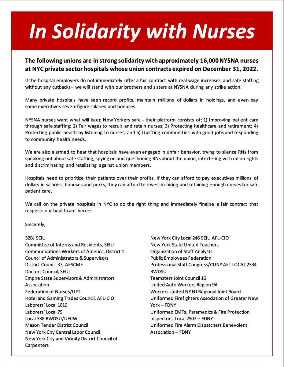 The labor movement is behind NYSNA nurses as we bargain for a fair contract! Check out this open letter signed by 27 labor unions throughout NYC urging local hospitals to agree to fair contracts that protect nurses and their patients. #1U #NYCNurseStrike #PatientsOverProfits