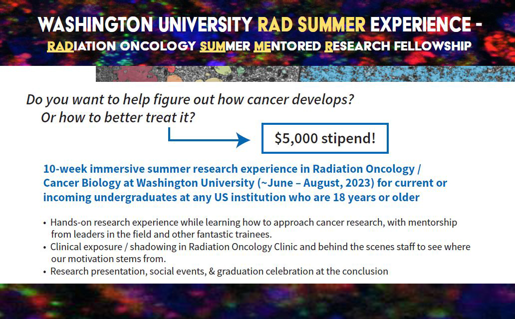 WashU Medicine Radiation Oncology (@washumedradonc) on Twitter photo RAD SUMMER: A 10-week paid immersive summer hands-on research experience in Radiation Oncology/Cancer Bio <a href="/WUSTLmed/">Test Account</a> for current or incoming undergrads at any US institution who are 18 years or older.
More info & to apply:
radonc.wustl.edu/research/cance… RAD SUMMER: A 10-week paid immersive summer hands-on research experience in Radiation Oncology/Cancer Bio <a href="/WUSTLmed/">Test Account</a> for current or incoming undergrads at any US institution who are 18 years or older.
More info & to apply:
radonc.wustl.edu/research/cance…
