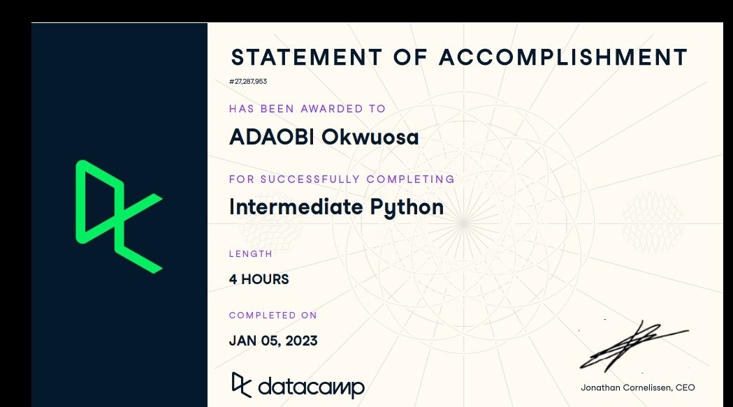 MDaobi's tweet image. Day 31
Finished the intermediate python course. 
#90DaysOfProgramming with python #90DaysOfCoding for DS and #90DaysOfTech