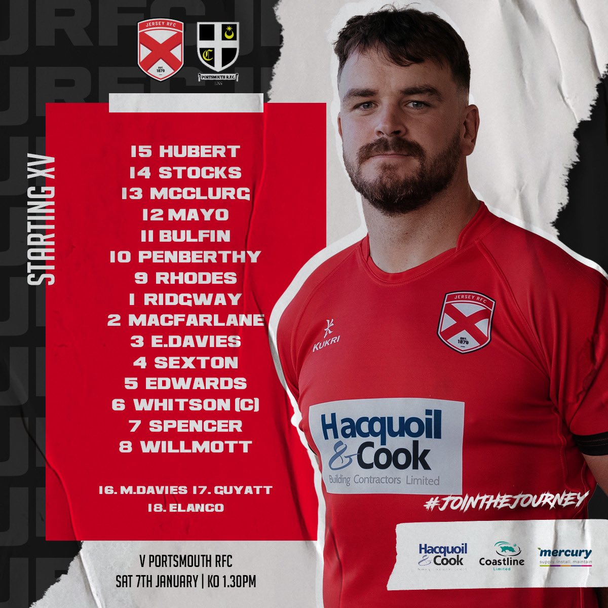 TEAM NEWS First Match Day squad of 2023 🔥 This is how we line up to face visitors Portsmouth Rugby Football Club at St Peter on Saturday Hubert makes a return from injury at 15 whilst Corson and Harrington still remain sidelined through injury. ⏰ KO 1.30pm 🤝🏽 Free Entry