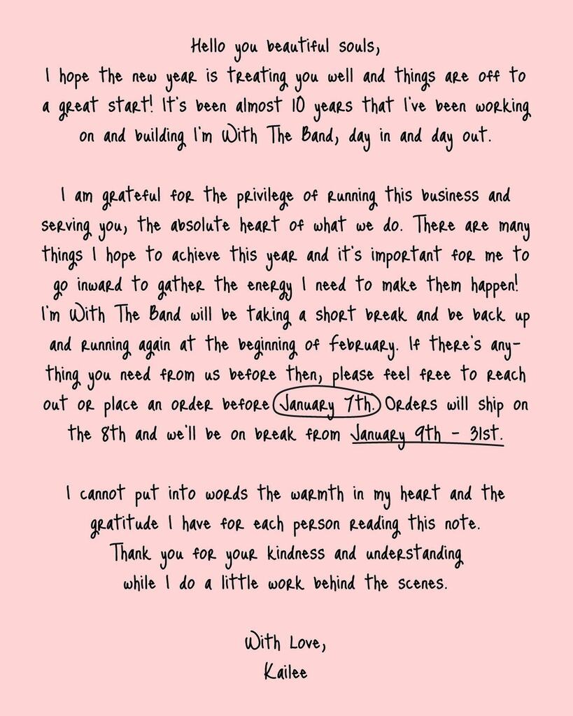 📣Taking a quick break! If you need anything from us before the end of the month, please order by 1/7. Orders will ship 1/8. Shop will be closed 1/9-1/31. Thank you for your support 💘 Xx, Kailee
