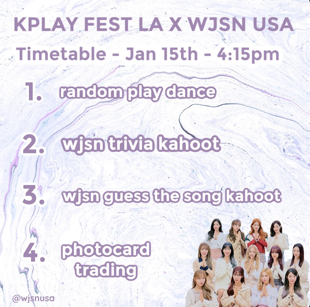 wjsn__usa's tweet photo. [RT] KPLAY FEST LA Fanclub Event

wjsn usa will be hosting a 1hr ujung fanclub event at kplay fest la on Jan 15th! we will have many activities as well as free wjsn items to give out. please come join us to meet other ujungs!

#wjsn #우주소녀 #kplayfest #kplayforfans https://t.co/B5M9J9cehh