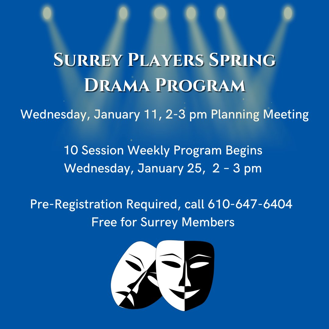 The Surrey Players are back! 🎭 Join us at Surrey Devon Wednesdays from 2-3 pm to practice acting scenes from different plays, no experience necessary! Please call ahead to confirm your spot in class.
#SurreyServices #Acting