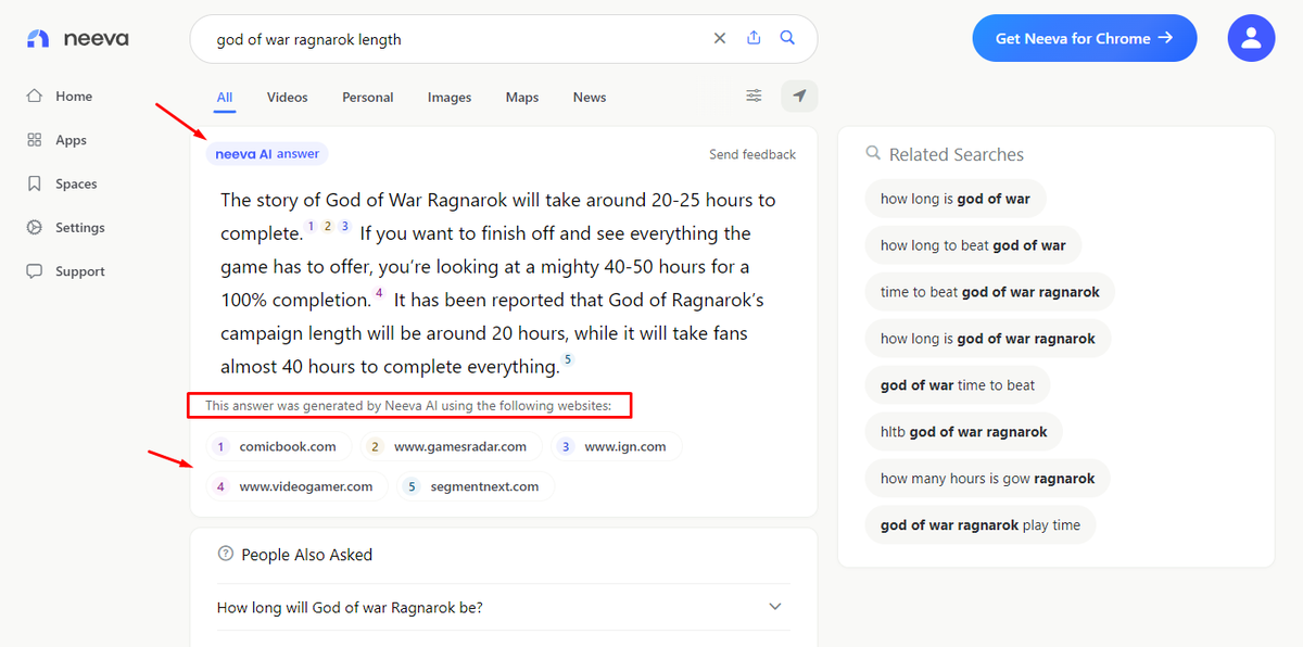 glenngabe's tweet photo. Here we go. More AI in the SERPs! This time from Neeva, which is  using NeevaAI to provide summaries based on query (w/citations)

"NeevaAI has the ability to determine the credibility of an answer via a primary, cited source, and retrieval of real-time data and information." https://t.co/mEy91I4asX