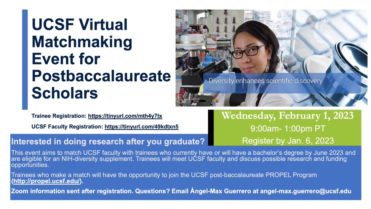 One more day to submit your application for this year's <a href="/UCSF/">UC San Francisco</a> Postbaccalaureate Matchmaking event!! We have 92 <a href="/UCSF/">UC San Francisco</a> faculty registered and waiting to meet you! Come make a match, get hired, and gain research experience <a href="/UCSF/">UC San Francisco</a>!! Go now: justice.ucsf.edu.