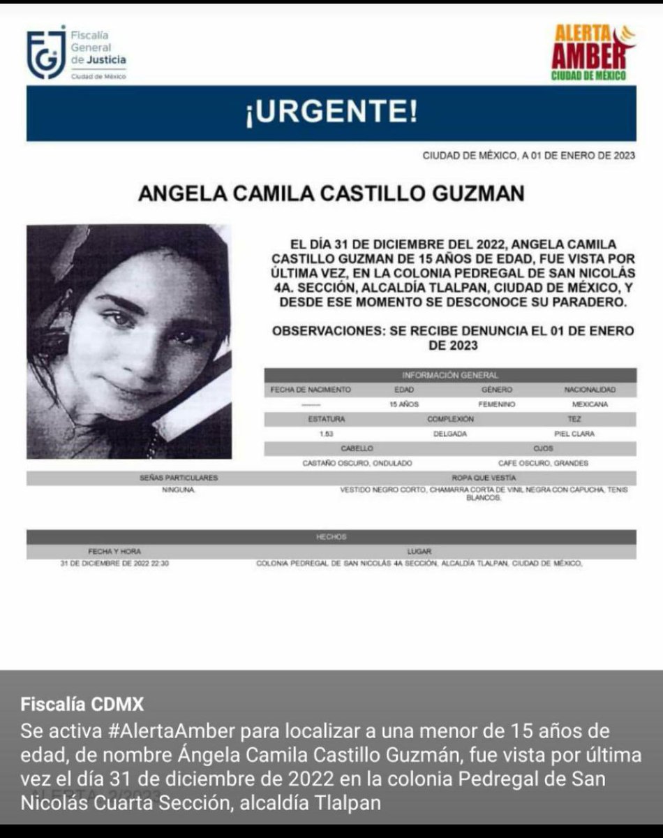 Buenas tardes! 
URGENTE Por favor me ayudan a compartir, la conozco es hija de una amiga muy cercana por favor AYUDA 

Desde la noche del 31 no se sabe nada de ella y las autoridades no se mueve por favor ayuden a hacerla viral
