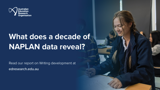 EdResearchAU's tweet photo. We released ‘Writing development: what does a decade of NAPLAN data reveal?’, the most extensive analysis of students’ writing conducted in Australia. Findings are concerning, and AERO is committed to supporting and improving student achievement. https://t.co/KtvcxdH3Nc https://t.co/zs55dMljBP