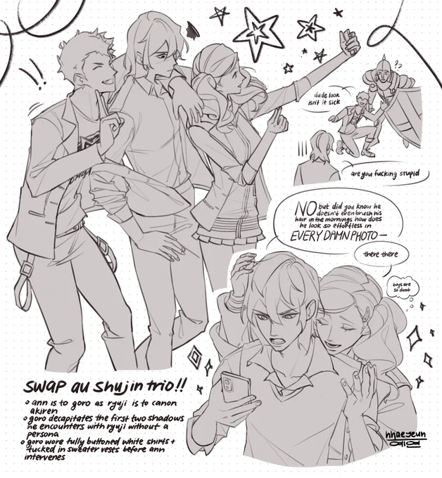 i WISH i had the time to color this but i'll post it now and finish it later  swap au shujin trio my beloved#goroakechi #ryujisakamoto #anntakamaki #persona5 