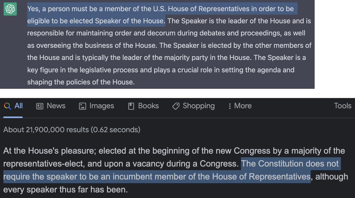 ericdavis's tweet image. Google beats #ChatGPT on the facts re Speaker of the House election eligibility. 

And, ChatGPT can&apos;t write a passable episode of Rick and Morty. Definitely a work in progress.  

#speakerofthehouse 
#congress
@openai