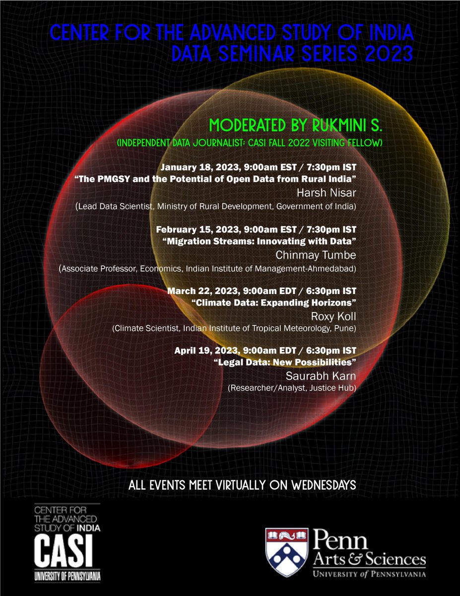 🧵Announcing the launch of the <a href="/CASIPenn/">Center for the Advanced Study of India</a> Indian Data Seminar Series 2023! Every month, a leading practitioner will present on a relatively new or under-used dataset that they have deep working knowledge of, followed by questions from you, the Zoom audience casi.sas.upenn.edu/events/data-se…