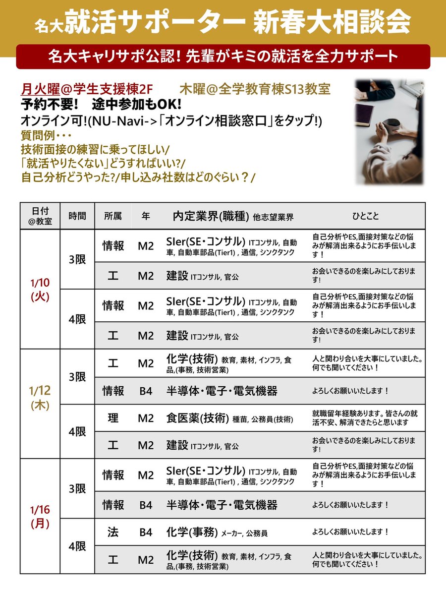 【1/10〜1/16相談会】
あけましておめでとうございます！
今年もよろしくお願いします。
新春も名大就活サポーターによる相談会を開催します！
いよいよ始まる選考に向けて準備していきませんか？
対面・オンラインお気軽にご参加下さい👍