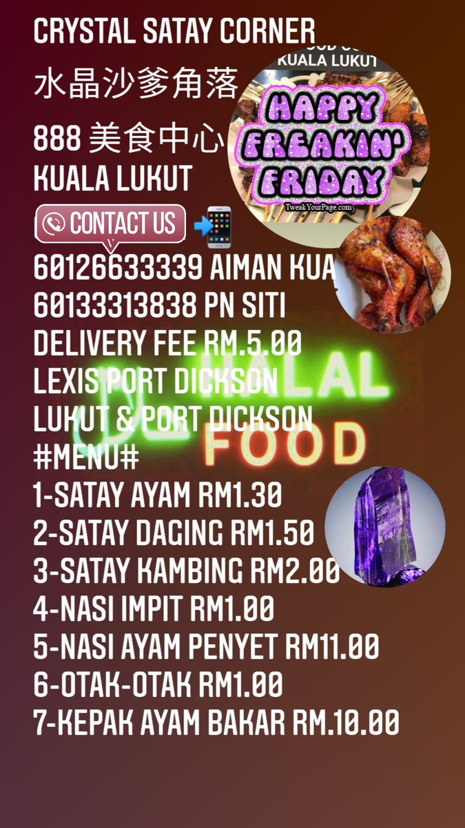 AimanCrystal's tweet image. Crystal Satay Corner 水晶沙爹角落 Open 6Pm-11Pm. #contactus #WhatsApp_Call