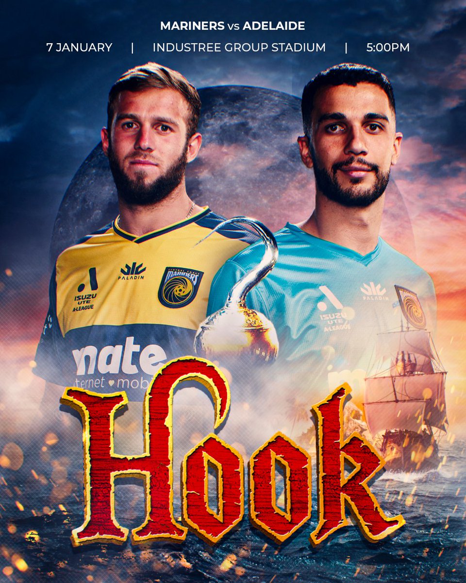 Join the Mariners this evening for Pirate round as we face off against Adelaide United! 🏴‍☠️⚔️

🆚 <a href="/AdelaideUnited/">Adelaide United</a> 
🏆 <a href="/aleaguemen/">Isuzu UTE A-League</a> 
📅 Saturday 7th January
⏰ 5pm Kick Off
🚪 4pm Gates Open
🏟️ @IndustreeStad    
📺 Broadcast on Paramount+ 
🎟️ bit.ly/3jJWE6H

#CCMFC