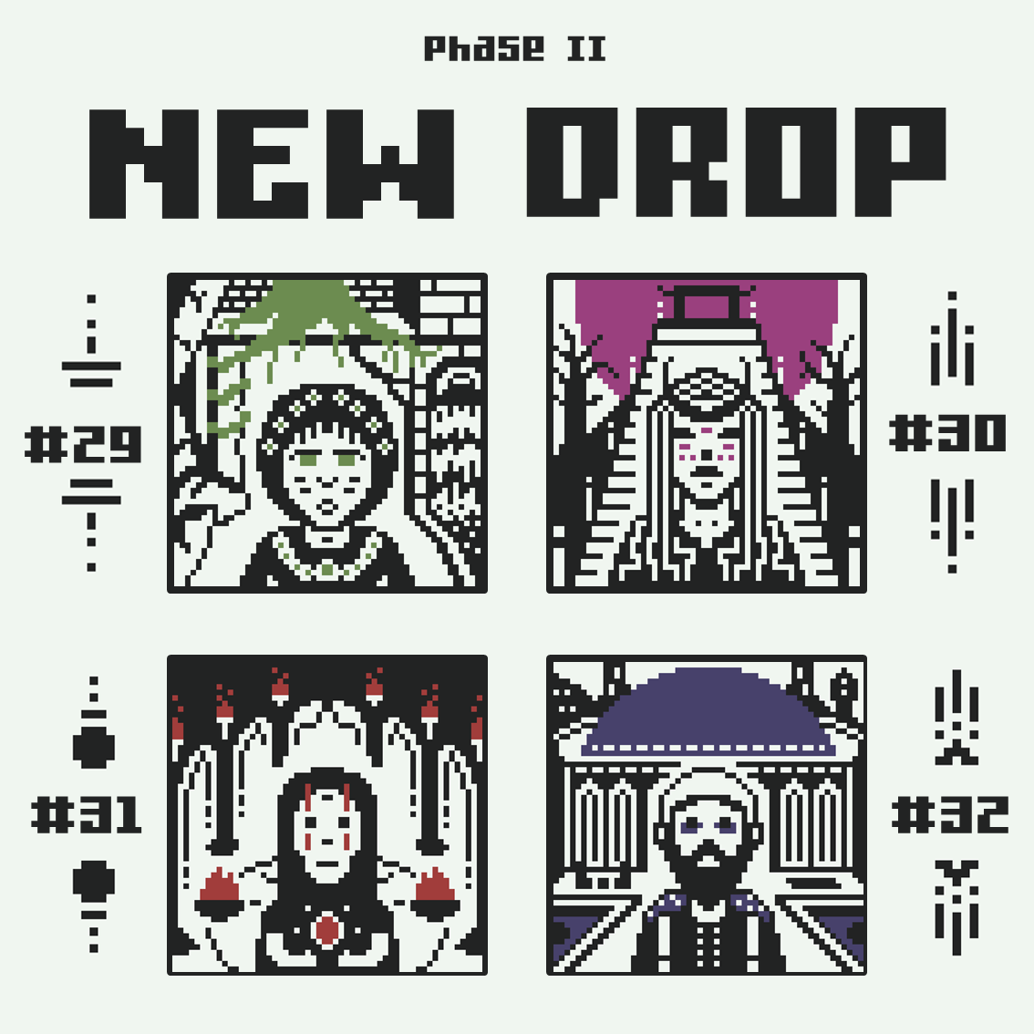 CrypticPixelNFT's tweet photo. ☀️ 3RD DROP OF PHASE 2 ☀️
Thank you for the support 🖤

PRICE - 0.005 ETH

💭 What were my inspirations while drawing?
#29: Hippie flower girl 🌸
#30: Moonlight godess 🌙
#31: No-face from spirited away 👻
#32: Trader with basket of fruits 🫐

LINKS 🔽
#NFTproject #NFTartist https://t.co/P351dKQu4t