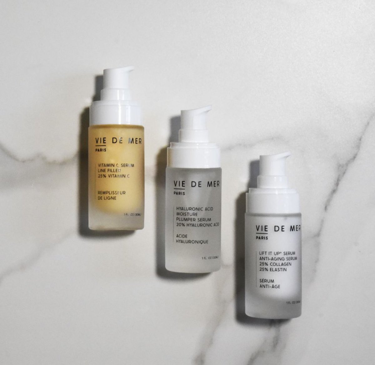 High-quality French skincare serums to stop the aging process, eliminate wrinkles and fine lines
The cold processed Vie De Mer serum collection includes: 25% Vitamin C Serum, 20% Hyaluronic Acid Serum and 25%
Elastin 25% Collagen Lift It Up Anti-Aging Serum.