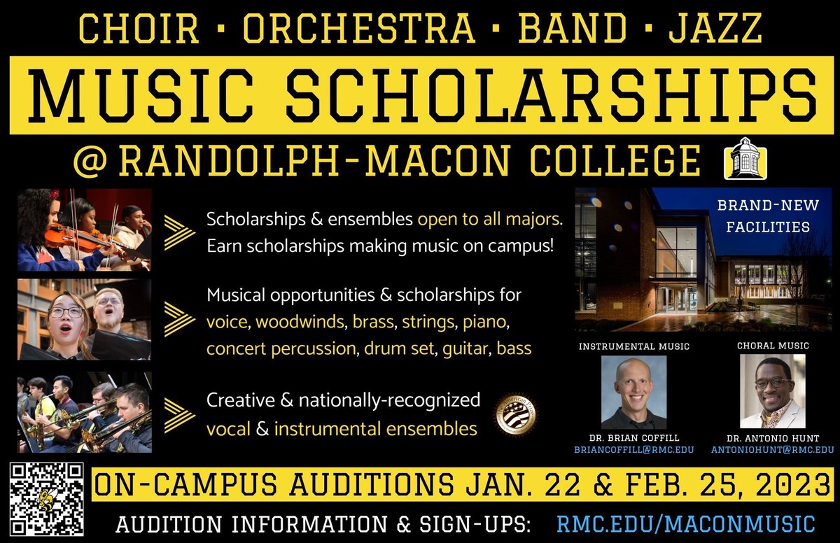 High school musicians - YOU are invited to our 2023 <a href="/RandolphMacon/">randolphmacon</a> Music Days &amp; Scholarship Auditions on Jan. 22 &amp; Feb. 25. Earn scholarship money to sing or play your instrument in college!

Visit rmc.edu/maconmusic to sign up and for additional audition information.