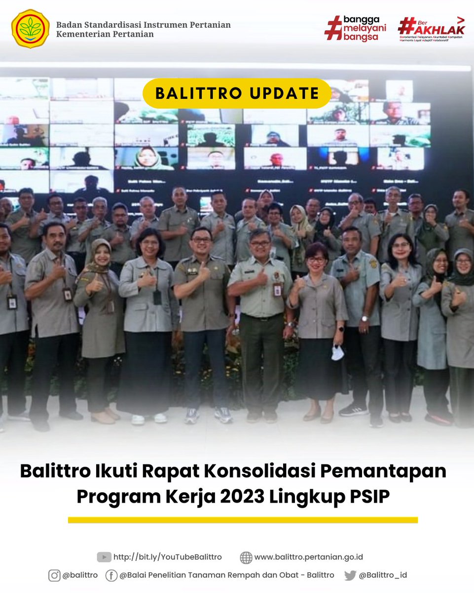 brmprempahobat's tweet image. #Repost #PSIP

Bogor, 05 Januari 2023 - Balittro Mengikuti Rapat Konsolidasi Pemantapan Program Kerja 2023 Lingkup PSIP.

#PertanianMajuMandiriModern
#Agrostandar
#BSIPKementan 

@kementan 
@bsipkementan 
@puslitbangbun