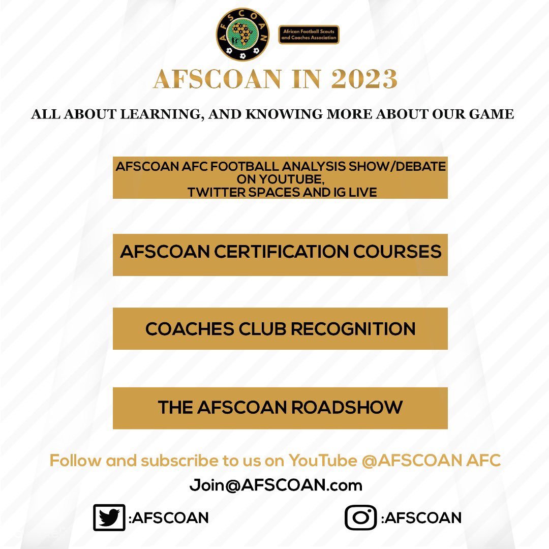 AFSCOAN's tweet photo. If you are an existing member of AFSCOAN or an aspiring scout or football coach, our first certification courses for scouts and coaches in talent identification and football analytics will take place this first quarter of 2023. https://t.co/8V5rRiNPN8