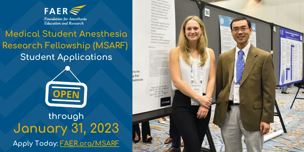 #FAERmsarf student applications are open! Don’t miss your chance at 8 weeks of focused #anesthesiology #research over the summer, culminating in scientific poster presentations @ #ANES23 | learn more/apply @ buff.ly/3vHwPaj! #MedStudentTwitter #TheFutureIsFAER @SShaefi