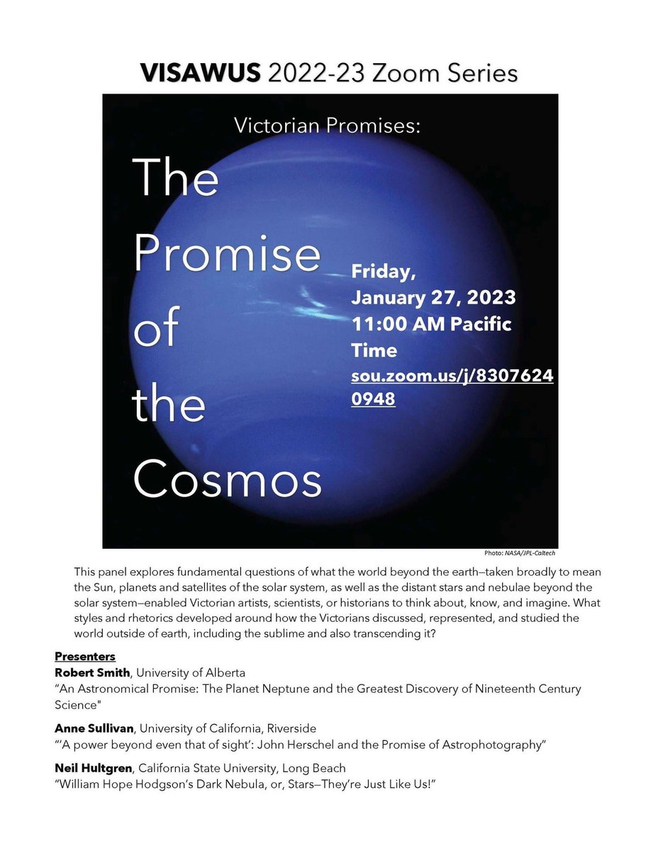 VISAWUS's tweet photo. Our next zoom panel promises to be good.  "The Promise of the Cosmos," from the @VISAWUS "Victorian Promises" series coming up on January 27, 2023. Speakers include @Anne_withanE, Robert Smith, and @ProfNeilH 

Zoom link
https://t.co/YviletsKTs https://t.co/6TeESwKDEM