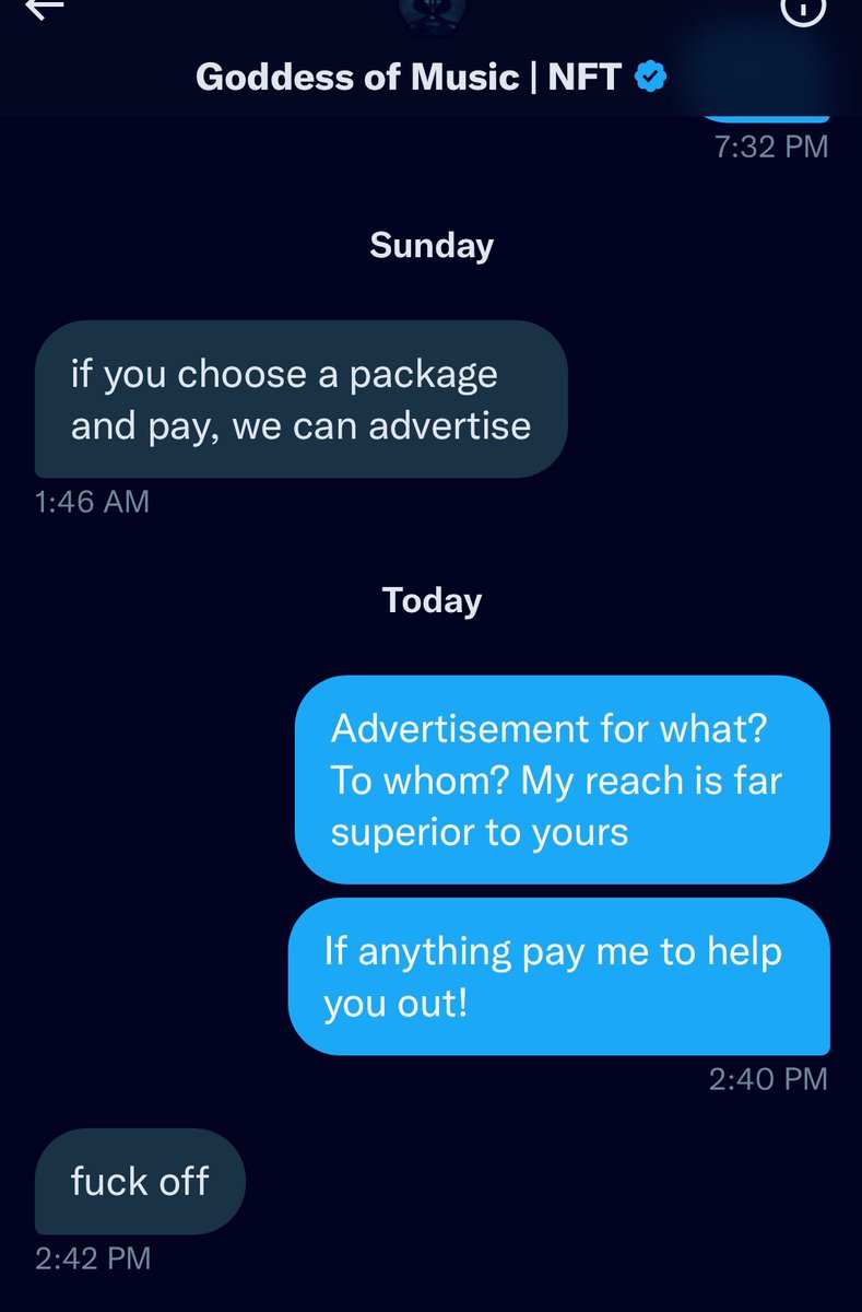 mackdrama1017's tweet photo. So this person was in my inbox trying to solicit me to pay her for advertising (she has a blue check)😂 thinking I would be impressed I told her she should Pay me my reach if farther! She got mad cussed at me!  Time to expose these frauds @GoddessGoddes #fraudalert https://t.co/Zv8SdNVrX0