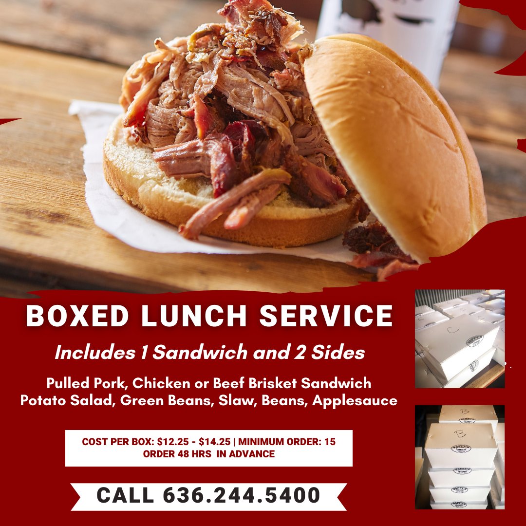 Pappys_StPeters's tweet photo. 📣 NEW! We are now offering BOXED LUNCHES!
Perfect for business lunches, social and church group meetings and more! Includes 1 sandwich and 2 sides.
#boxedlunch #pappysstpeters #stcharleseats #bbq #lunchmeeting #meetingplanner #church #corporate https://t.co/4ooKQZdQjC