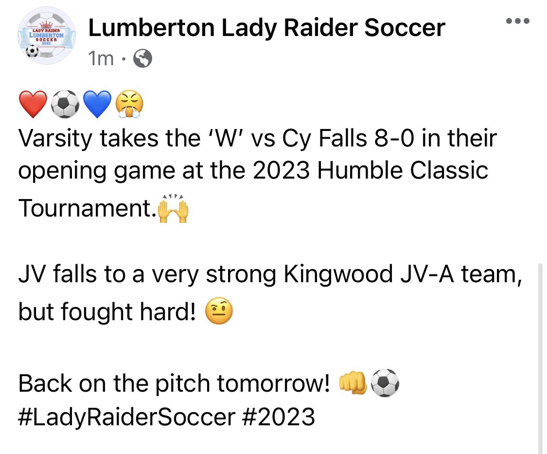 <a href="/ladyraidersoc/">Lumberton Lady Raider Soccer</a> <a href="/LISDRaiders/">LumbertonISD</a> <a href="/lumbertonathl1/">Lumbeton Raider Athletics</a> <a href="/CyFallsSoccer/">CYPRESS FALLS SOCCER</a> <a href="/Kingwood_Soccer/">Kingwood Soccer (W)</a> #2023HumbleClassic