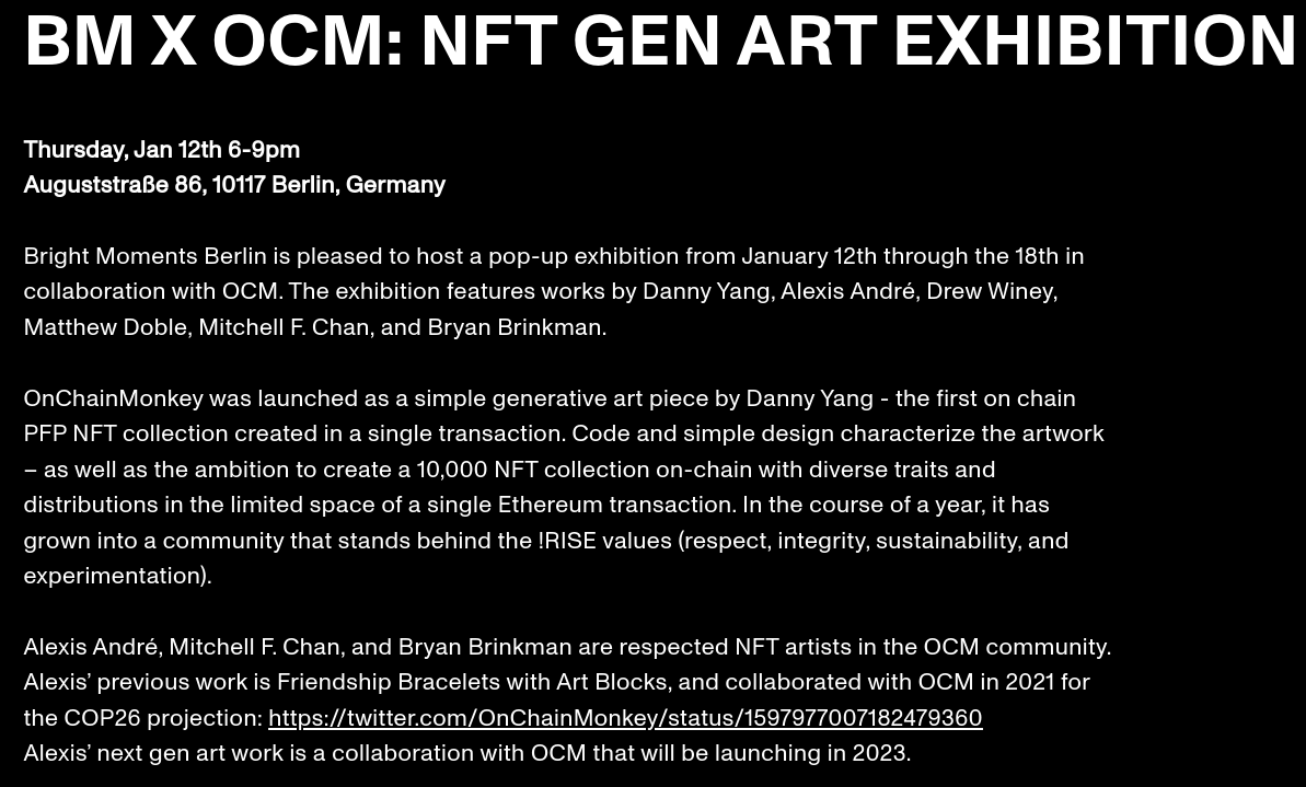 OnChainMonkey's tweet photo. 1/ @OnChainMonkey will be the featured exhibit at @brtmoments Berlin Jan 12 - 18 🔥

OCM as an NFT is complex. It represents multiple things, but the genesis of OCM is rooted in an appreciation of art 💛

We're excited to partner with Bright Moments on this momentous occasion ⚡ https://t.co/ep7dWaLGxn
