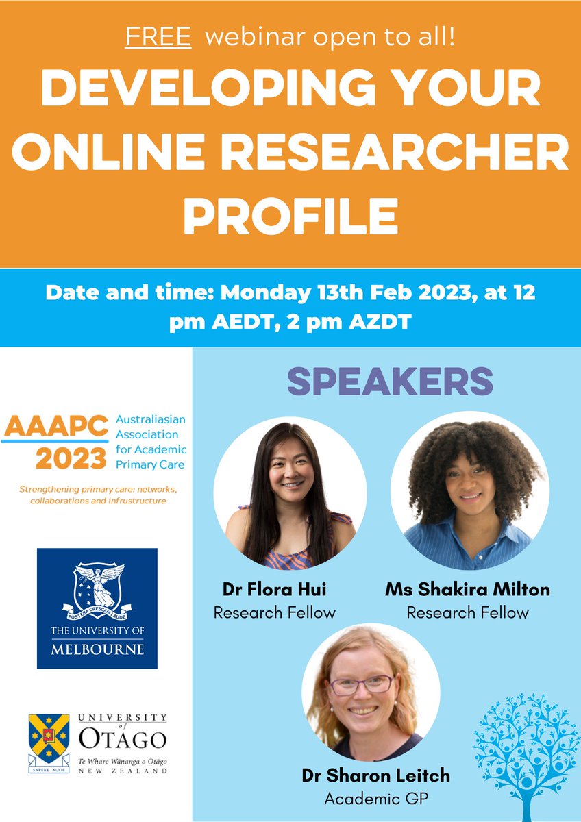 Join us in February for a FREE webinar! This webinar will give practical tips to researchers about how to develop their online researcher profiles and the benefits of doing so. Presented by: @FloraHui @ShakiraMilton <a href="/dr_leitch/">Sharon Leitch</a> #OurPrimaryCare
Register: aaapc.org.au/webinars