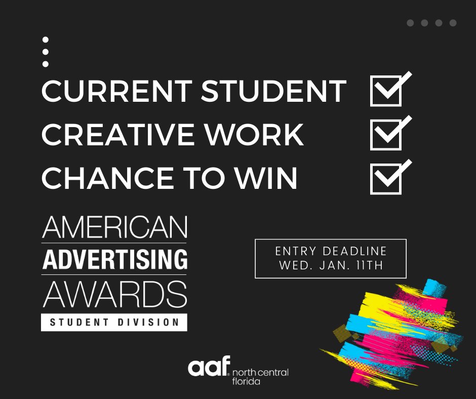 aafncfl's tweet photo. Hey college students! Got some amazing creative advertising work from 2022? Enter it in the American Advertising Awards of North Central Florida for a chance to win! Entry info at https://t.co/2uVXh6r0NY #ufjschool, #ufcjcadvertising, #ufsaah, #santafecollege, #cfpatriots https://t.co/8QQw2cficq