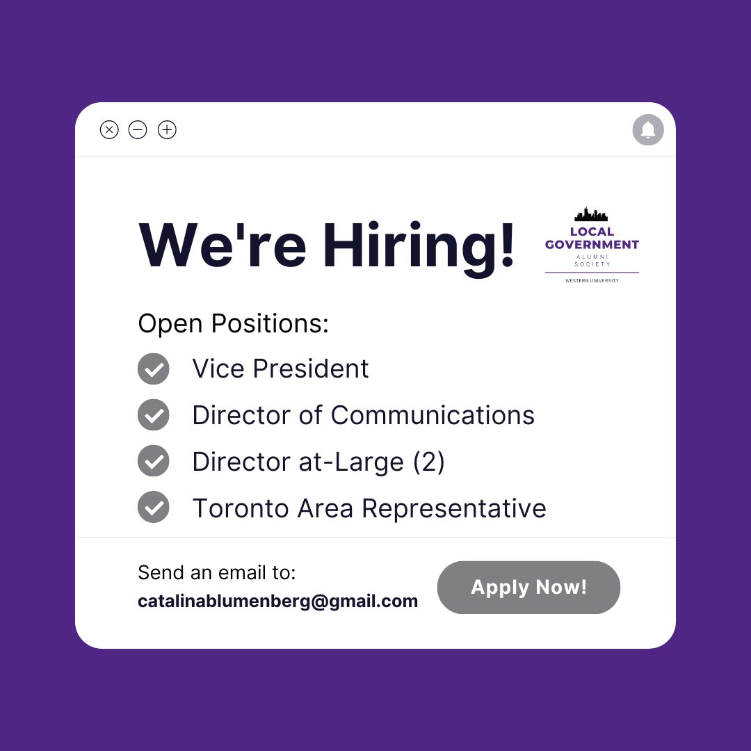 Looking to get involved in the Local Government Program Alumni Society Executive Committee? Look no further! We’re hiring positions for Vice President, Director of Communications, Director at-Large (2) &amp; Toronto Area Representative for 2023.