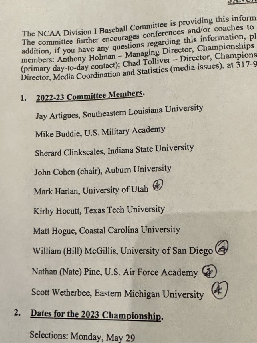 Here is the 10-member Division I Baseball committee for the 2023 @NCAABaseball season. 👇

New additions:

Mark Harlan - @utahathletics 
Bill McGillis - @USDToreros 
Nate Pine - @AF_Falcons 
Scott Wetherbee - @EMUAthletics