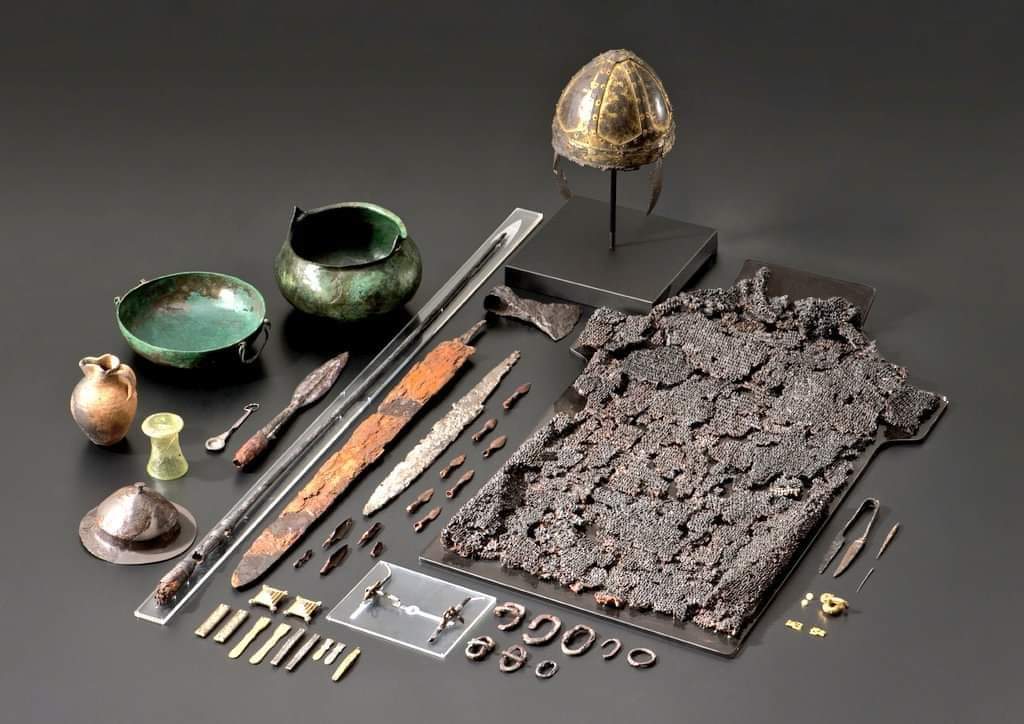 Items found in an early medieval grave
in Gammertingen, Germany (6th Century CE).

A high-ranking warrior, was buried in grave, and with him a Byzantine helmet (so-called Spangenhelm), weapons and mail armor, consisting of about 45,000 iron rings.

Landesmuseum Württemberg