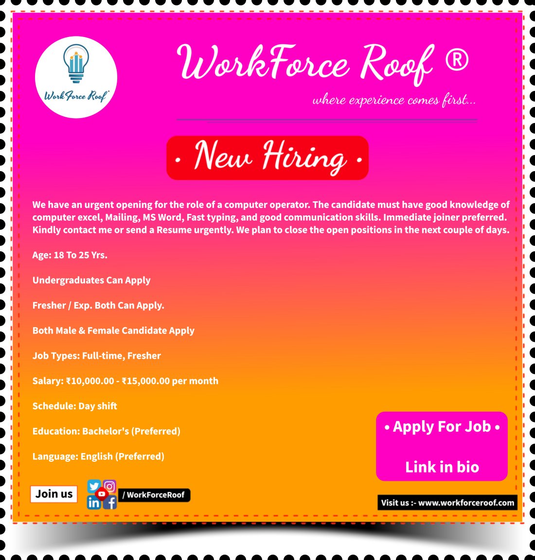 Apply for New Job 👇
forms.gle/VN9wgj91gtihY2…

#workforce #WorkForceRoof #2023 
#recruitment #recruiting #jobsearch
#newjob #newhiring #hiring #jobsinindia