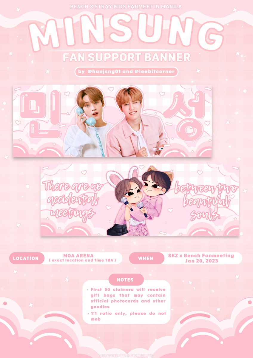 hanjii_cart's tweet photo. MinSung Fan Support Banner
@leebitcorner_ x @hanjsng01 

Hi guys! So we will be handing out free Minsung hand banner on SKZ x Bench Fanmeeting this upcoming Jan 20, 2022.

First 50 claimers will be receiving gift bags that may contain any of the PCs below or other skz goodies! https://t.co/JaDCbFwQbE
