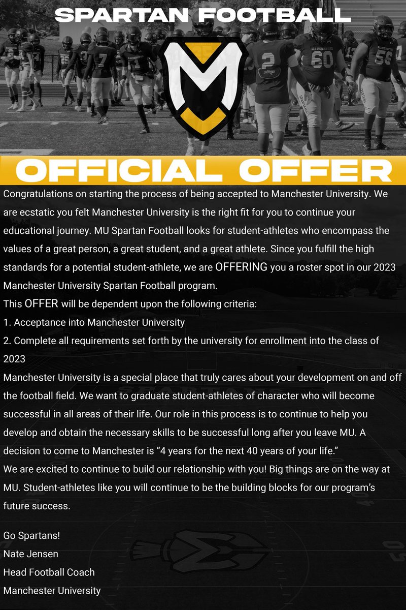 After a great conversation with <a href="/footballcoachj/">Coach Nate Jensen</a>, I'm blessed to receive another offer from <a href="/MU_SpartanFB/">Manchester Football</a> 🟡⚫⚪