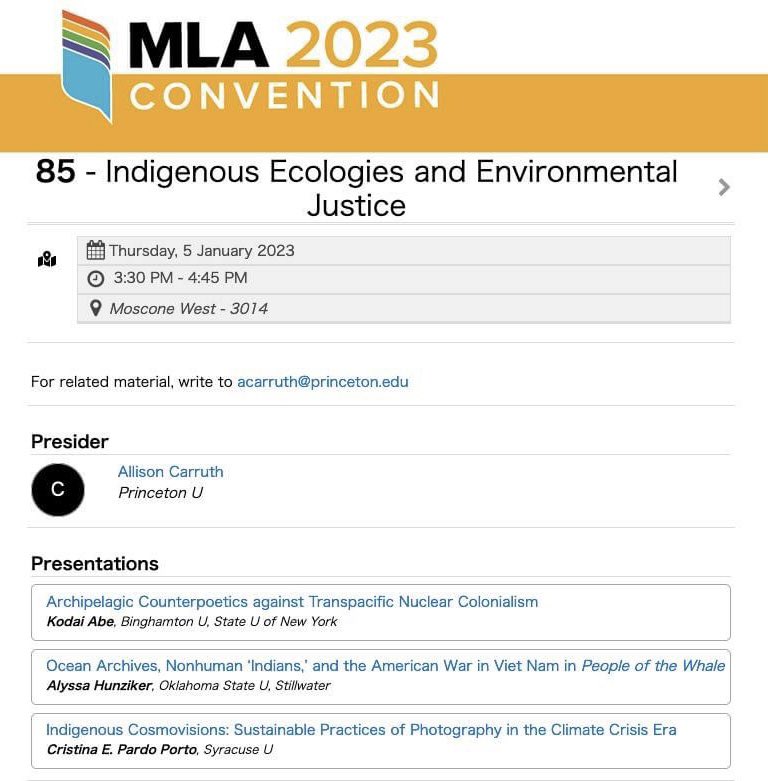 korpendine's tweet image. The “Indigenous Ecologies and Environmental Justice” panel at #mla23 turned out to be a fascinatingly coherent session! Thank you all: @allison_carruth @AlyssaHunz @CristinaEle