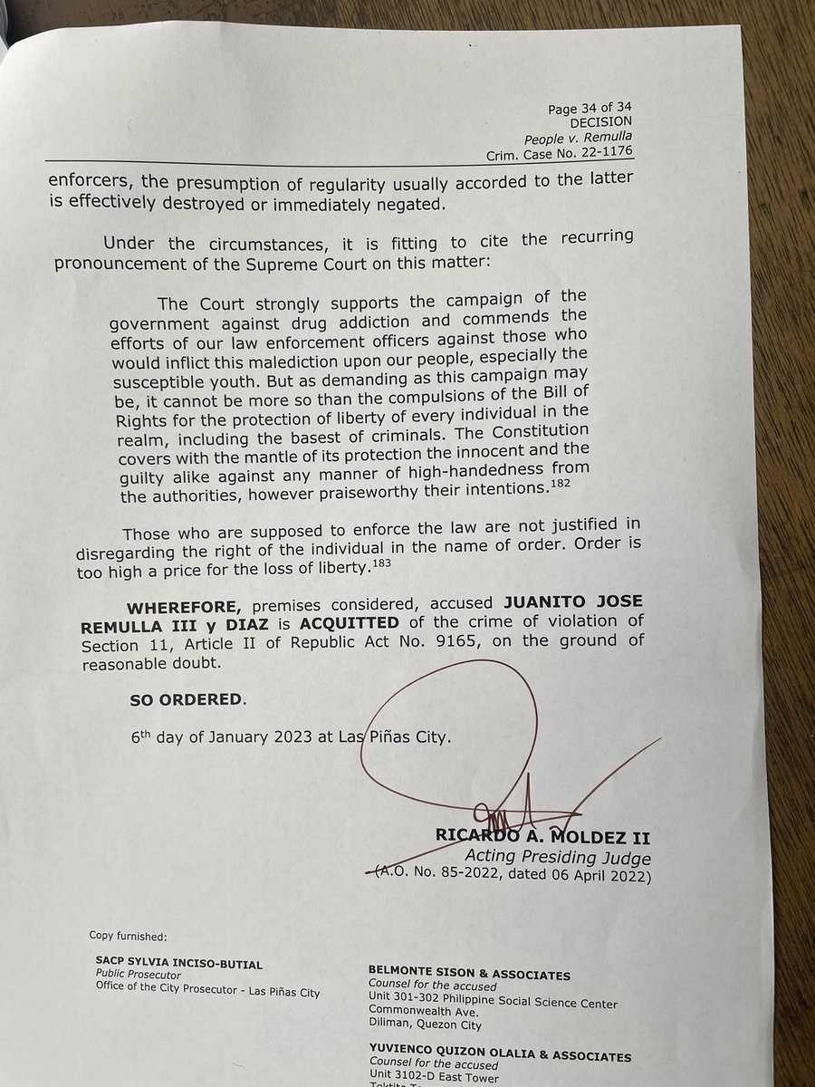 Las Piñas RTC branch 197 Judge Ricardo Moldez acquits Juanito Jose Remulla