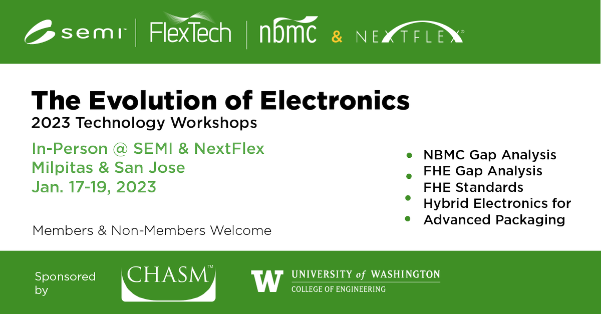 nanobiomfg's tweet photo. Start your year with a series of workshops exploring the Evolution of Electronics!  @FlexTech, @NBMC, @NextFlex and @SEMI are hosting gap analyses for FHE, standards, medical devices and advanced interconnects July 17-19.  Learn more  https://t.co/zQTkwI3nh1
Open to all! https://t.co/JNLY6wsvy2