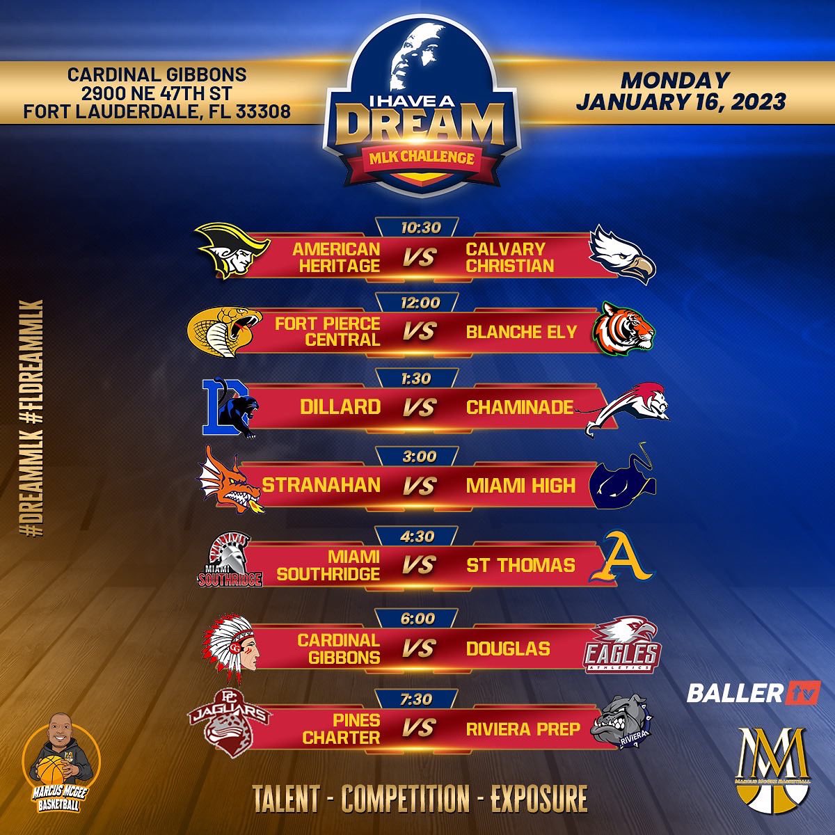 🚨PRESS RELEASE🚨

The 5th Annual I Have A Dream MLK Challenge is back in Ft Lauderdale January 13, 14, &amp; 16

The 35 team field will feature some of the Florida top individual players, and teams

Visit mmcgeebball.com/fldreammlk 

Live Stream by @ballertv

#FLDreamMLK