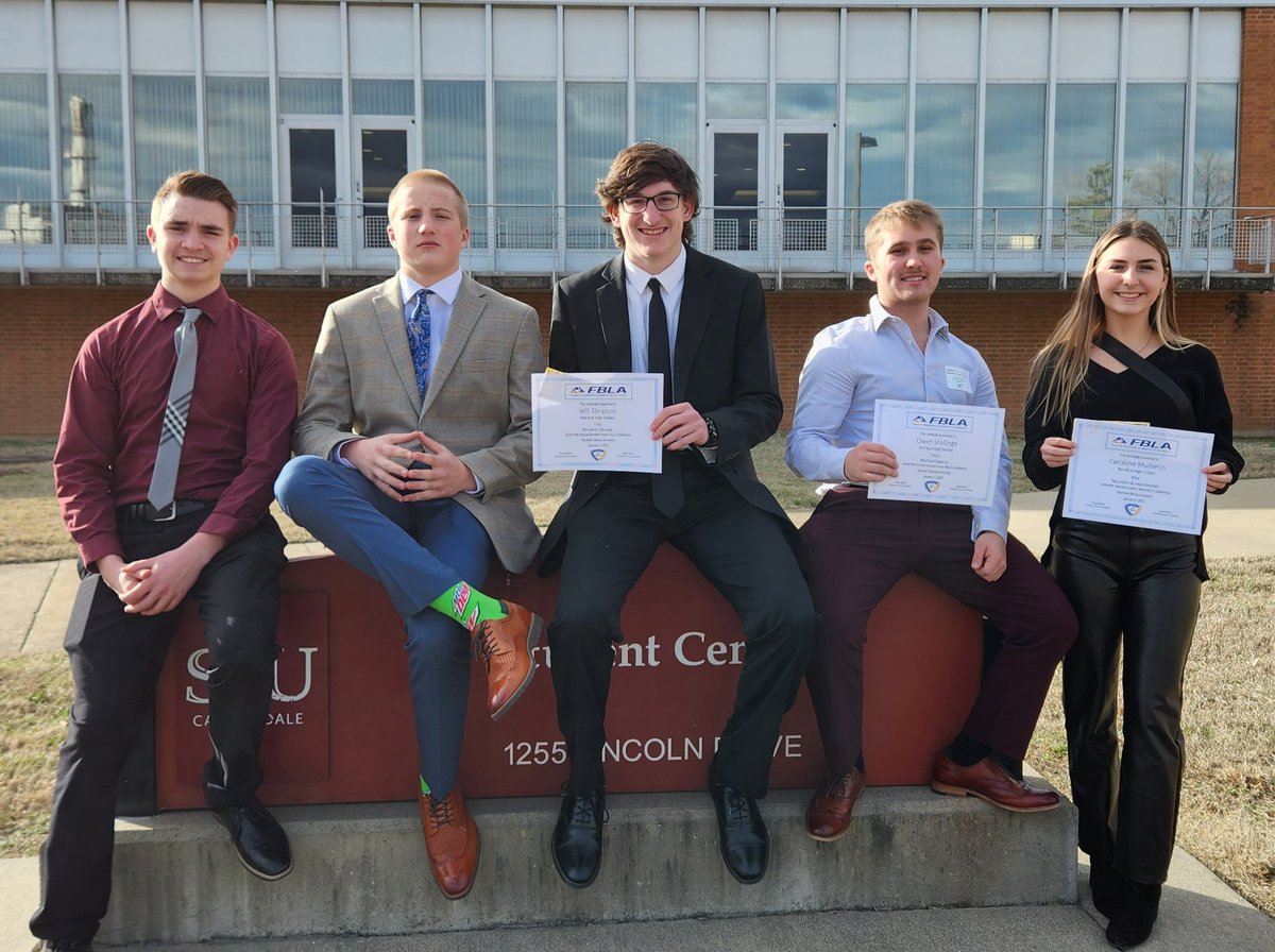 Great showing by RBHS today @ IL FBLA SAC:
Bailey Fulton-Accounting (1st)
Will Simpson-Pers. Finance (1st)
Carolyne Mulherin-Sec. &amp; Invest. (1st)
Ty Carter-Agribusiness (2nd)
Nolan Mudd-Web Design (2nd)
Joseph Hanger-PC Prob. Solv. (3rd)
Owen Stallings-Poli Sci (3rd)
#RedBud132